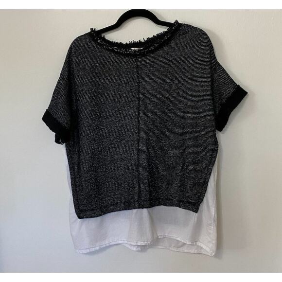 Caslon Black White Color Block Boxy Crewneck Woven Hem Striped Texture Top M - Picture 3 of 10